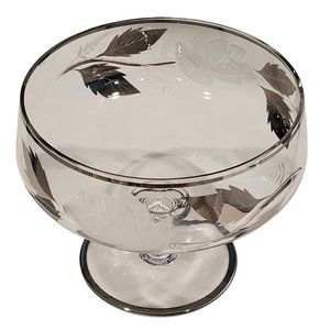 Vintage Etched Glass Flowers with Silver Leaves Compote Bowl